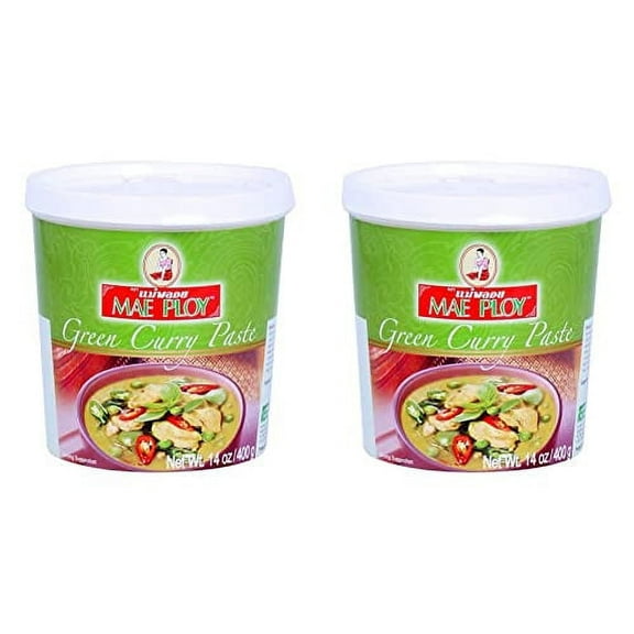 Mae Ploy Green Curry Paste, Authentic Thai Green Curry Paste for Thai Curries & Other Dishes, Aromatic Blend of Herbs, Spices & Shrimp Paste, (14oz Tub) (Pack of 2)