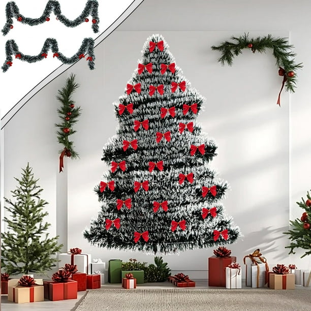 Decoración de guirnaldas navideñas 600 cm – Ratán de rayas de terciopelo verde con detalles de bayas rojas • Serpentina reutilizable para barandillas de escaleras, chimeneas, árboles • Decoración