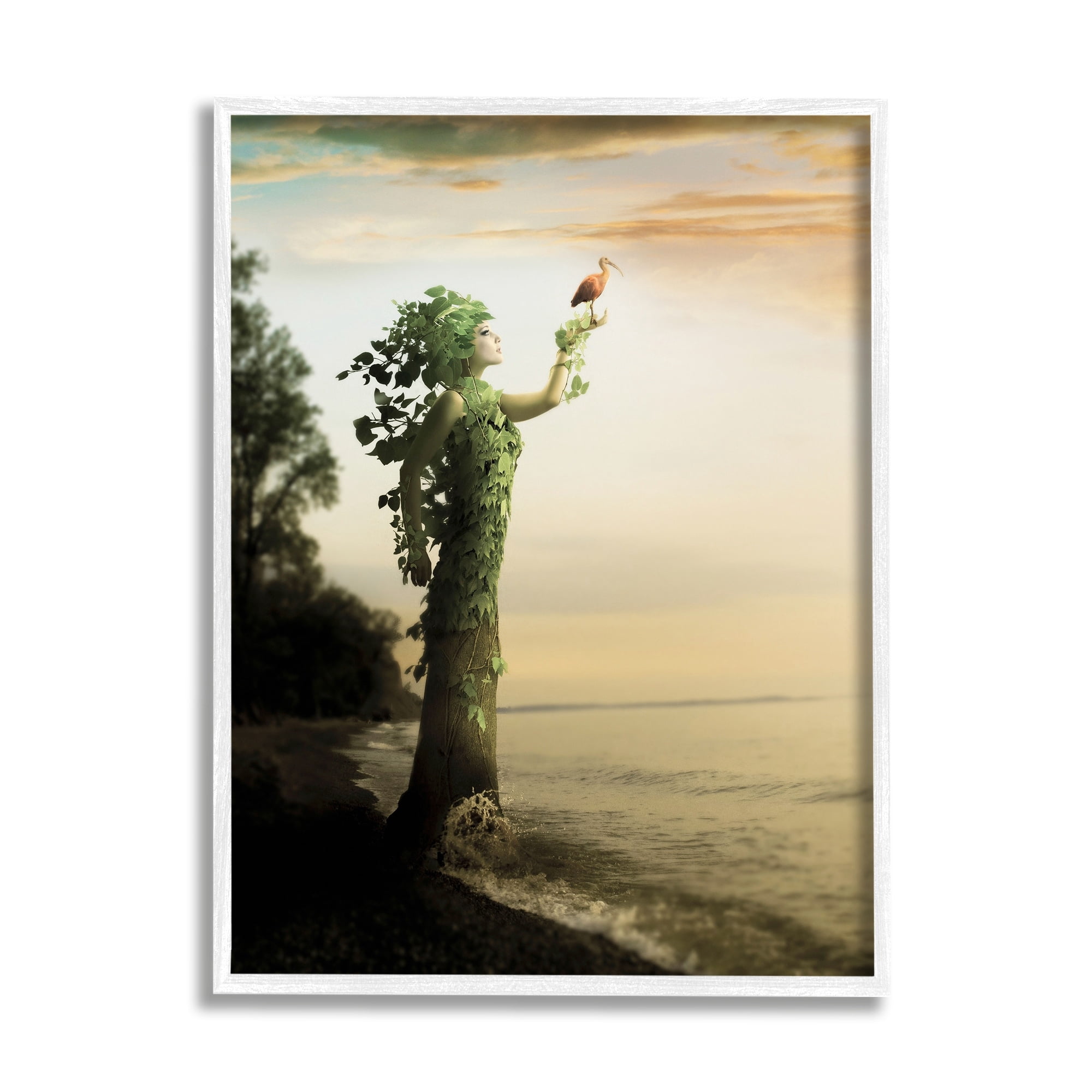 Woman Growing Vines Beach Shoreline Water Bird Coastal Painting Framed Art Print Wall Art