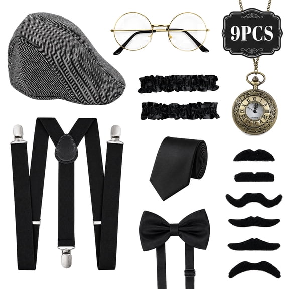 Men's 1920s Costume Accessories Set With Gray Newsboy Hat, Suspenders, Bow Tie And Pocket Watch For Halloween