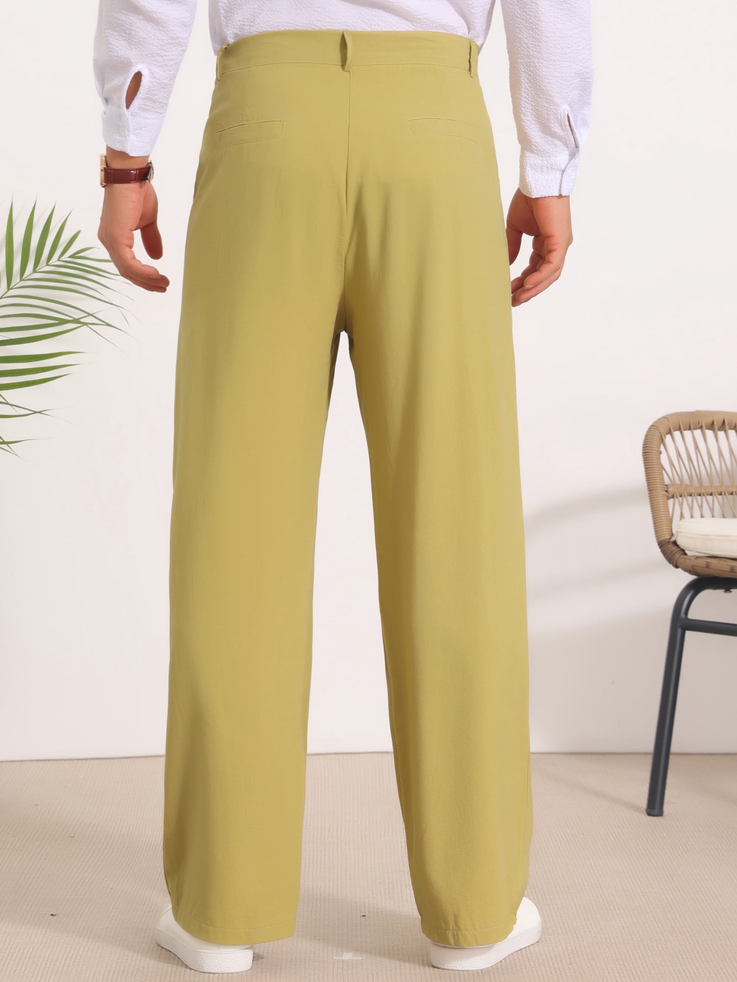 DARING DIVA Men's Lightweight Breathable Linen Pleated Pants with Side Pockets 38 Olive Green