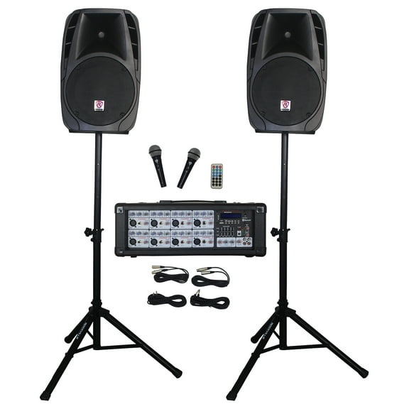 Rockville RPG2X12 Package PA System Mixer/Amp with 12" Speakers Stands Mics and Bluetooth