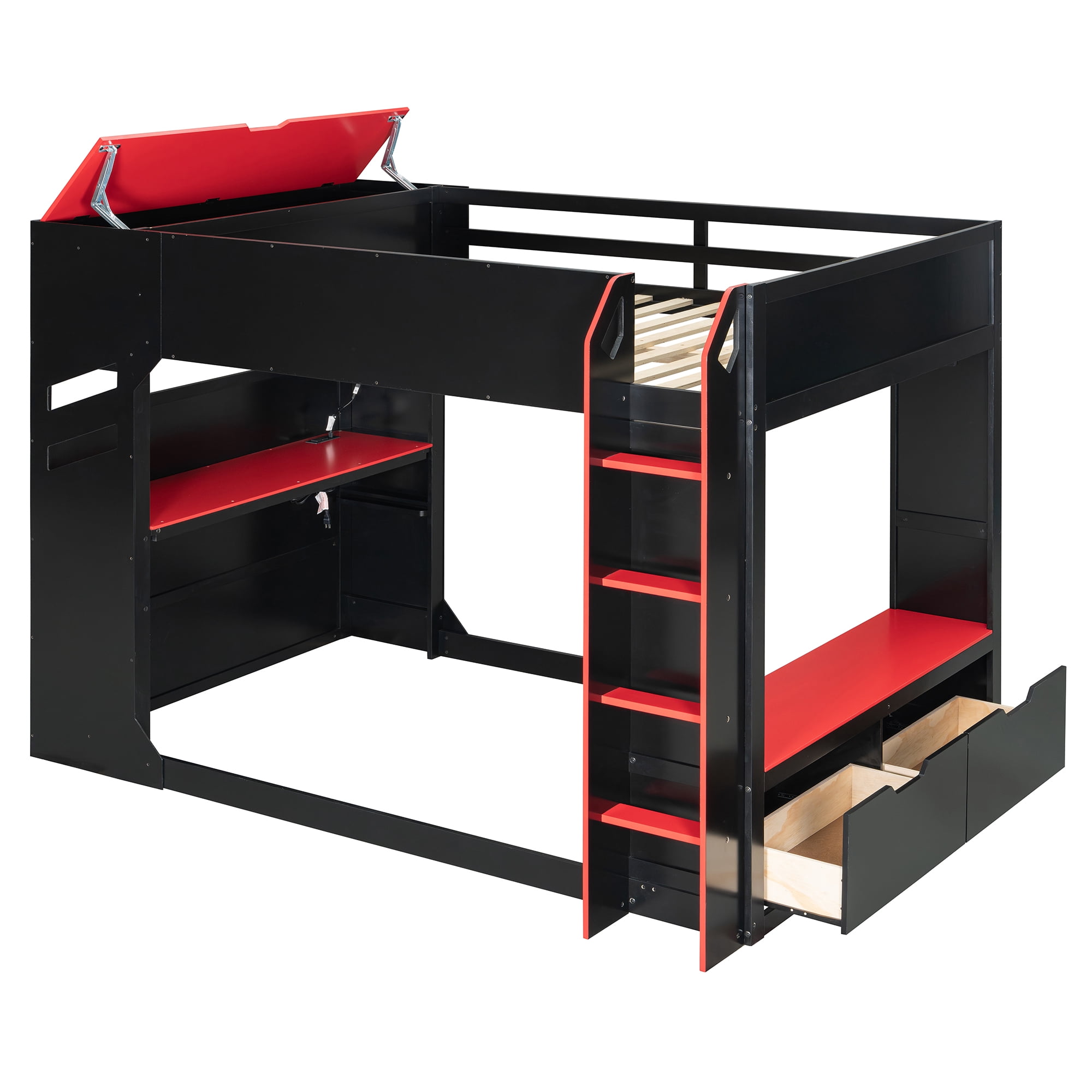 Aukfa Full Size Gamer Loft Bed with Adjustable Desk, RGB LED Lights, Drawers, Charging Station, Storage Compartments & Clothes Hanging Rod, Wooden Esports Bed, Red