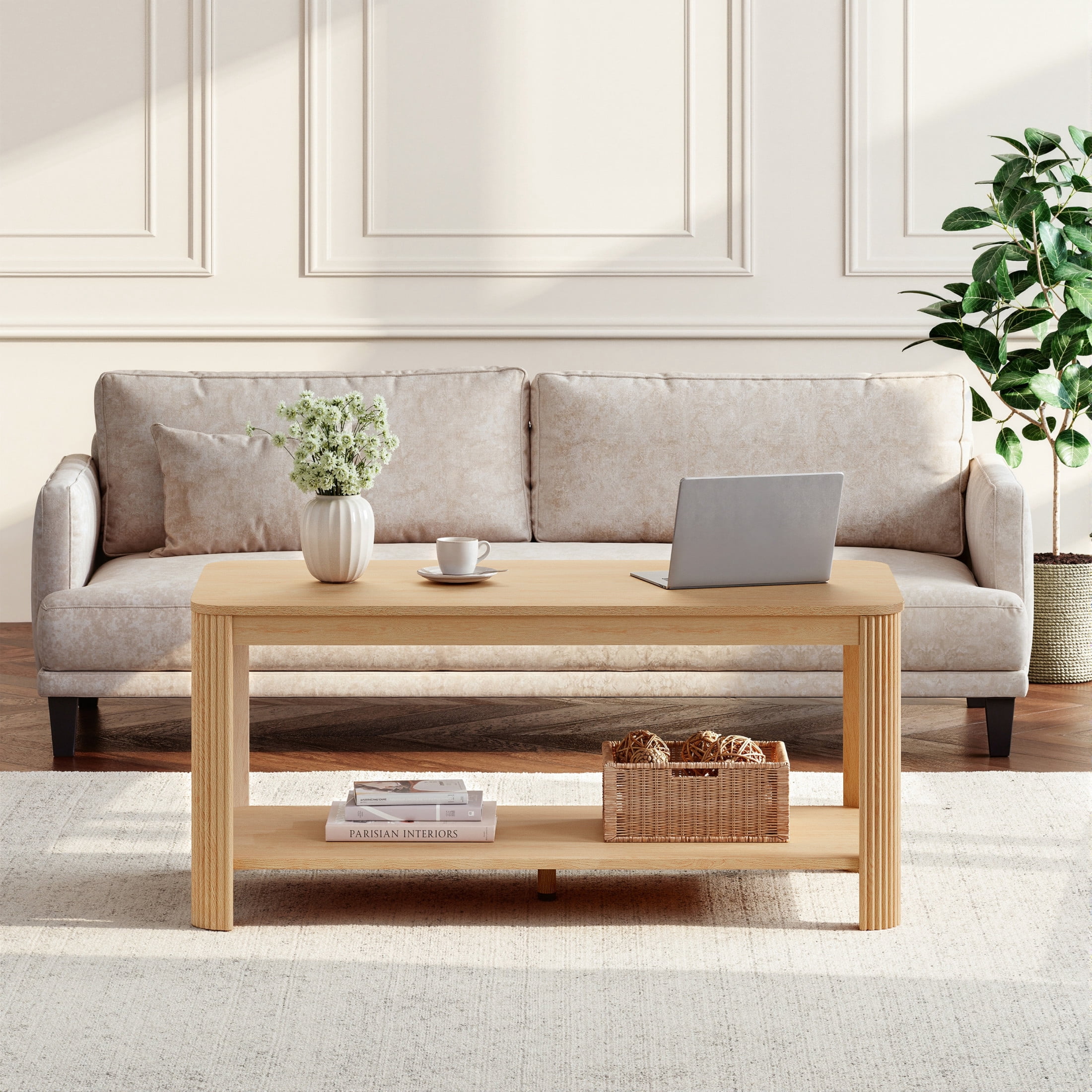Noble House 39.4" Rectangular Coffee Table with 2-Tier Storage Shelf, Vertical Wave Grain Legs, Oak