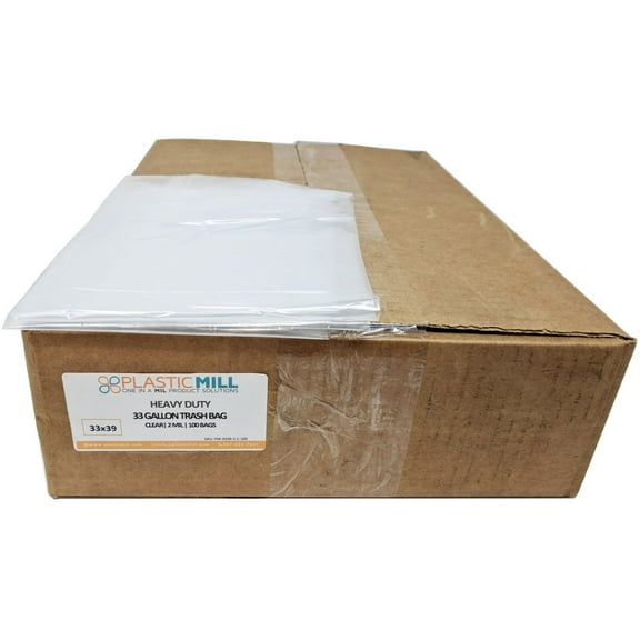 PlasticMill 33 Gallon, Clear, 2 MIL, 33x39, 100 Bags/Case, Heavy Duty, Garbage Bags / Trash Can Liners.