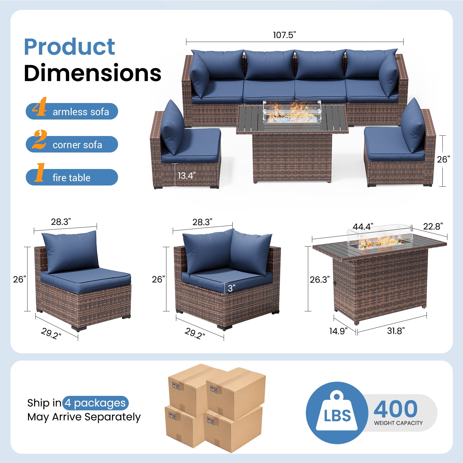 ELPOSUN 7 Pieces Patio Furniture Set All Weather Outdoor Sectional Sofa, Outdoor Modern Sectional Furniture Wicker Couch with Fire Pit Table, Thicken Navy Blue Cushions, Water Resistant