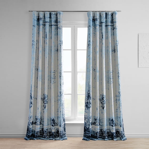 Raindrops Blue Printed Linen Textured Blackout Curtain (1 Panel), Raindrops Blue, 50W X 108L