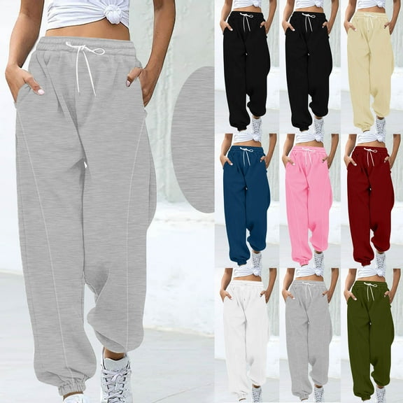 Royisotas Womens Joggers Sweatpants Plus Size Trousers Fleece Elastic Waist Solid Color Trendy Black Pants for Women with Pockets