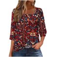 thumbnail image 2 of thefmos Women's Round Neck 3/4 Sleeve Button Pullover Top Print Loose Fit Casual Blouse Fashion Fall Summer Outfit, Wine S, 2 of 5