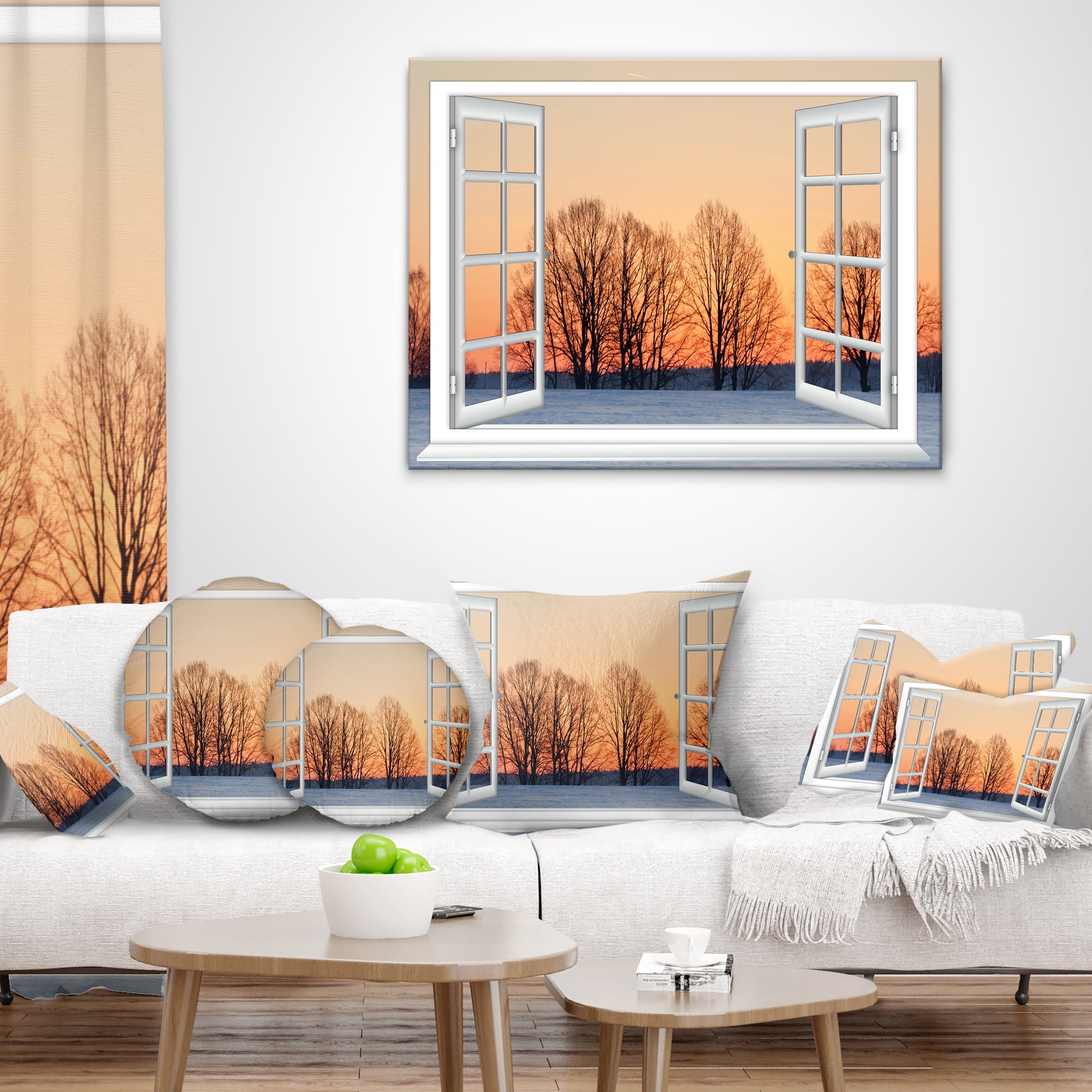 Designart Open Window to Snowy Sunset - Landscape Printed Throw Pillow - 16x16