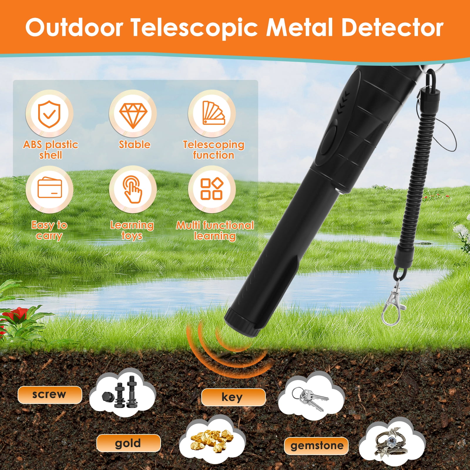 Grusce Waterproof Metal Detector with Hanging Storage Bag 360° Detection Handheld Pin Pointer Wand for Outdoor Beach Treasure