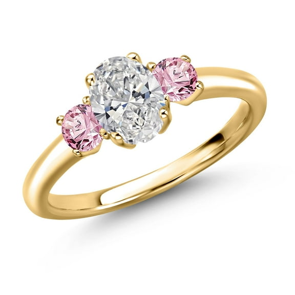 Gem Stone King 18K Yellow Gold Plated Silver DEF Lab Grown Diamond and Pink Lab Grown Diamond Engagement Ring for Women | 1.06 Cttw | Oval 7X5MM | Gemstone April Birthstone | Size 7
