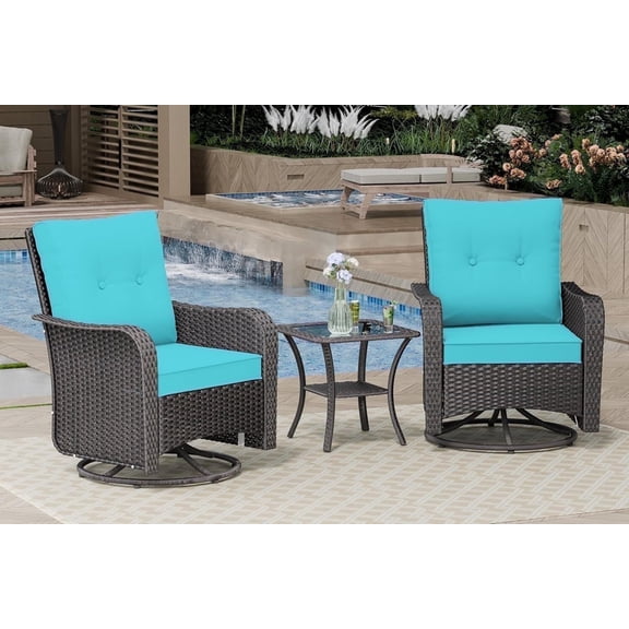 ASJMR 3PCS Patio Wicker Chairs Swivel Rocker with Coffee Table and Cushions, Outdoor Rattan Rocking Chairs for Porch Pool, Green
