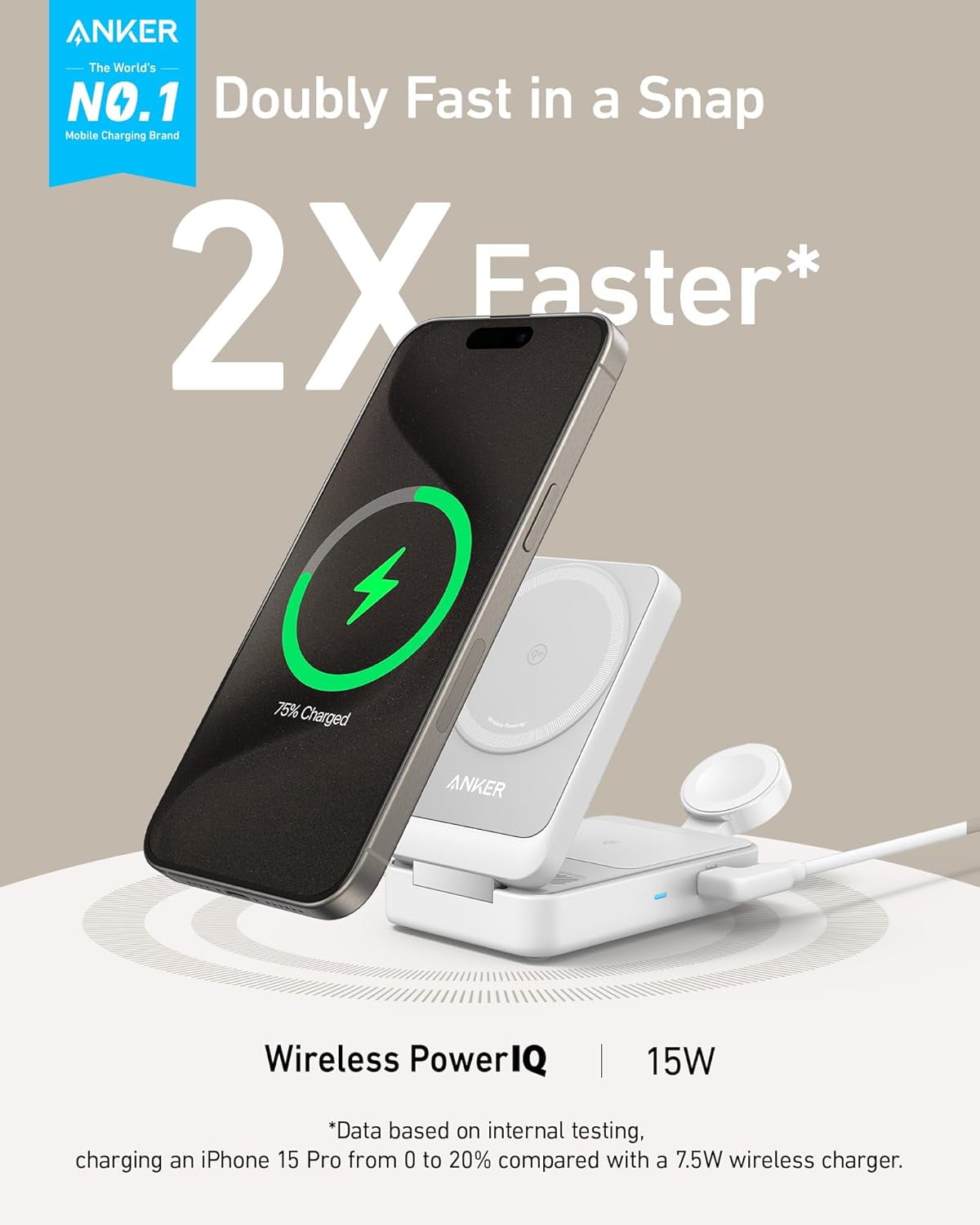 Restored Anker MagGo 3-in-1 Qi2 Certified 15W MagSafe-Compatible Wireless Charger Stand, White (Refurbished)