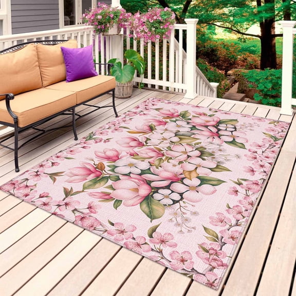 Pink Orchid Outdoor Rug 5x8 Ft, Non Slip Washable Area Rug, Spring Floral Flowers Leaves Botanical Patio Rugs Carpet Runner, Large Floor Mat for Indoor/Outdoor Deck Porch Camping