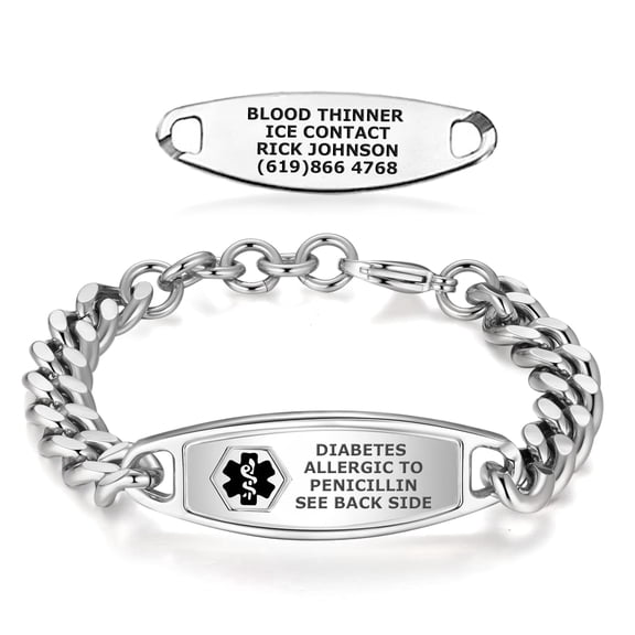 Divoti Medical Alert Bracelets for Men, Custom Engraved Steelman Medical ID Bracelet, w/Adjustable Large Curb Chain — Black