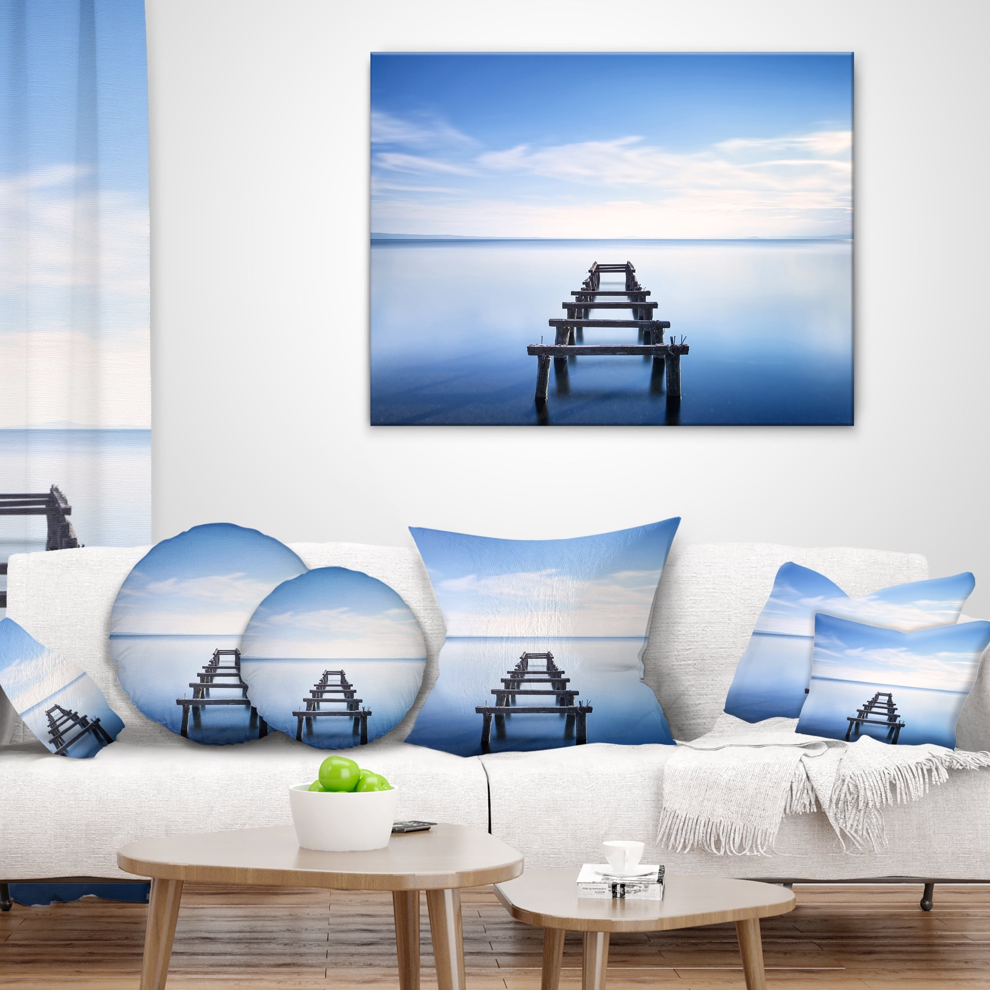 Designart Jetty Remains in Blue Lake - Seascape Throw Pillow - 12x20