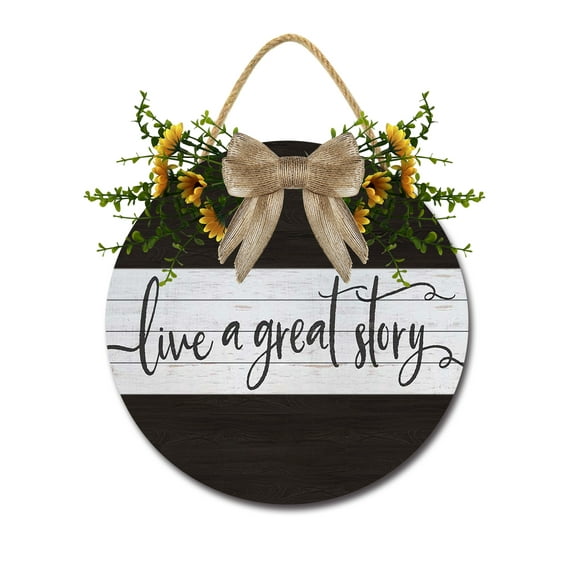 Front Door Porch Decorations Live a Great Story Door Hanging Sign 12 inch Wooden Wall Sign, Rustic Holiday Wreath Decor for Front Door Porch Home Window Wall Farmhouse Decorations