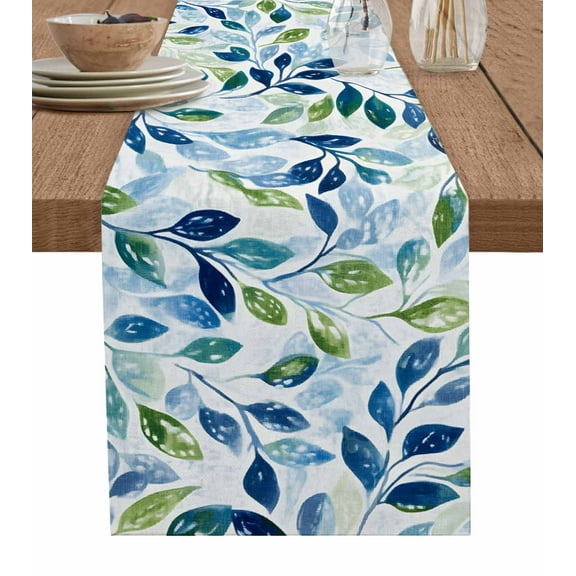 Navy Blue Leaves Table Runner 70 Inches, Green Summer Botanical Bed Runner Dresser Scarves Tabletop for Indoor Outdoor Parties/Ceremony/Banquet, 13" x 70"