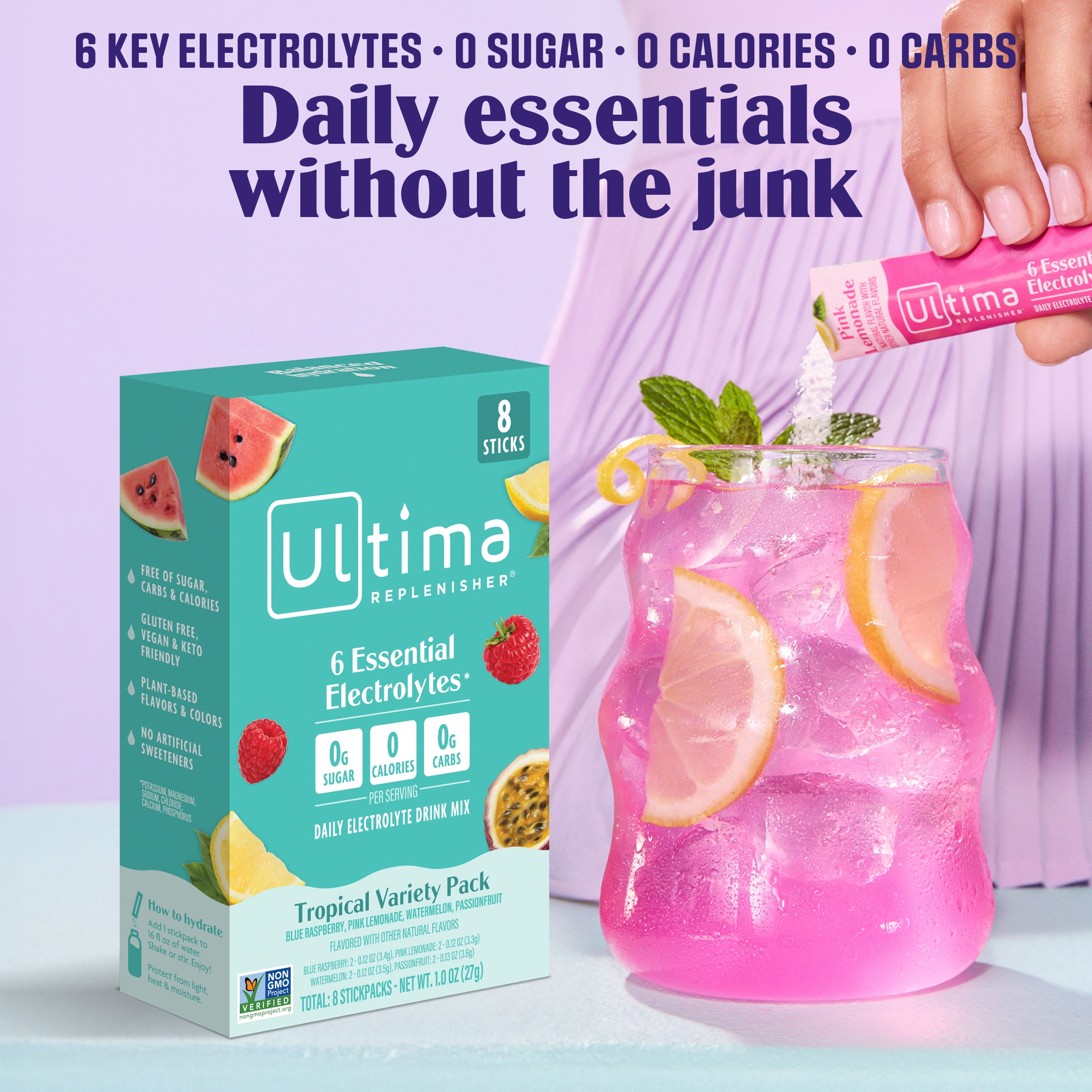 Ultima Replenisher, Electrolyte Drink Mix Packets, Sugar Free Daily Hydration Powder, Tropical Variety Pack, 8 Count Stickpacks