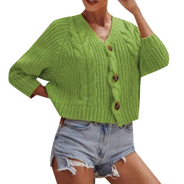 Baberdicy Cardigan Sweater Ladies Solid Color Button Sweater Knit Cropped Loose Cardigan Women's Cardigans Green
