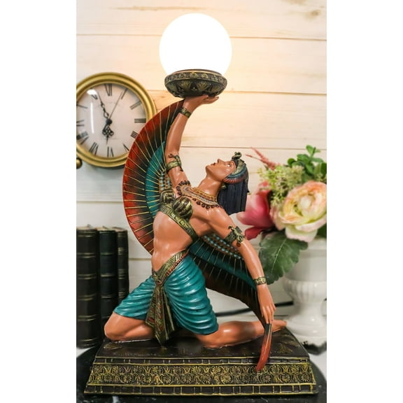 Egyptian Winged Goddess Isis Dancing Side Table Glass Orb Sphere Lamp Statue