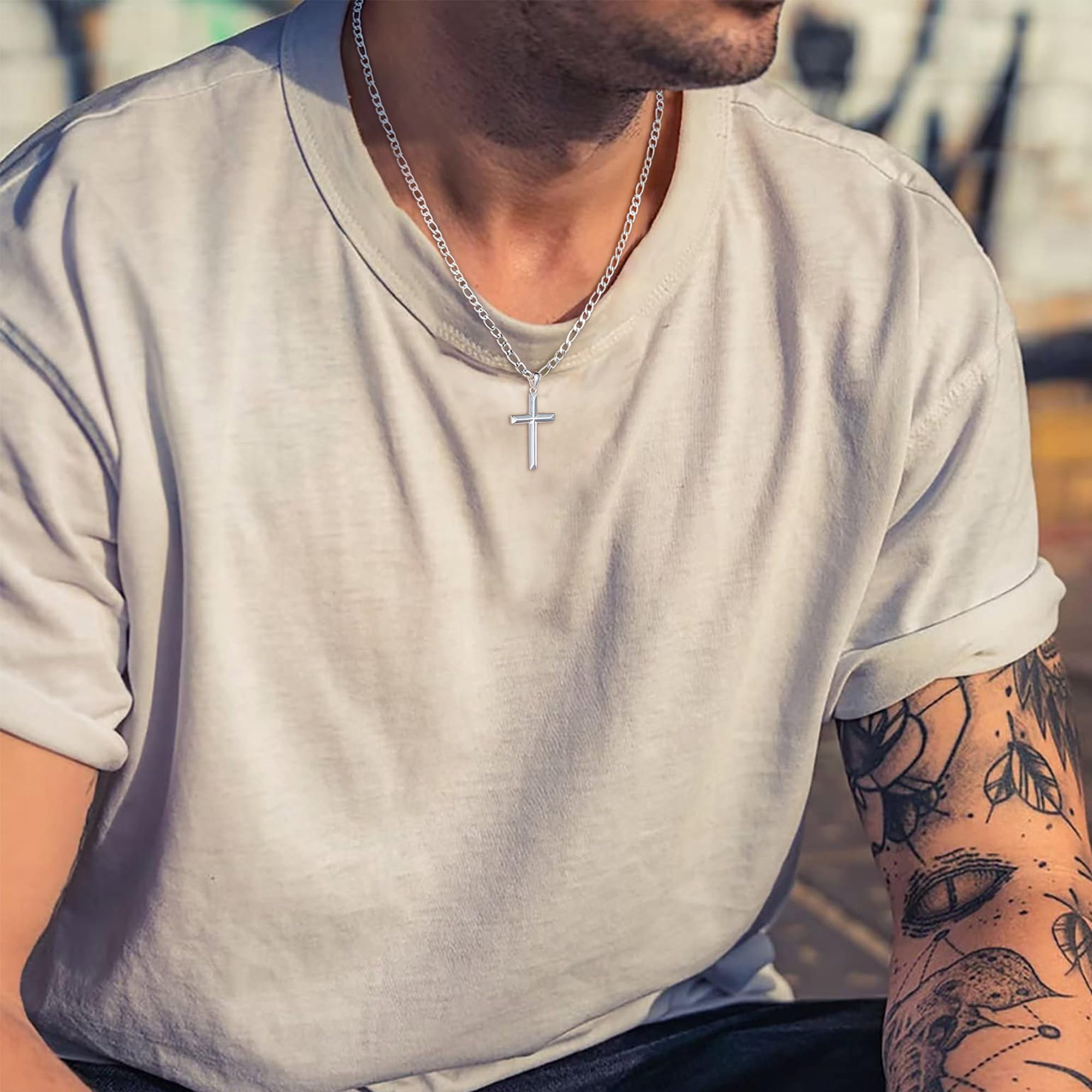 Turandoss S925 Sterling Silver Cross Necklace for Men 18K Silver Plated 22 inch Diamond Cut Chain Mens Jewelry Christian Religious Valentine's Day Birthday Gifts for Men Dad Husband