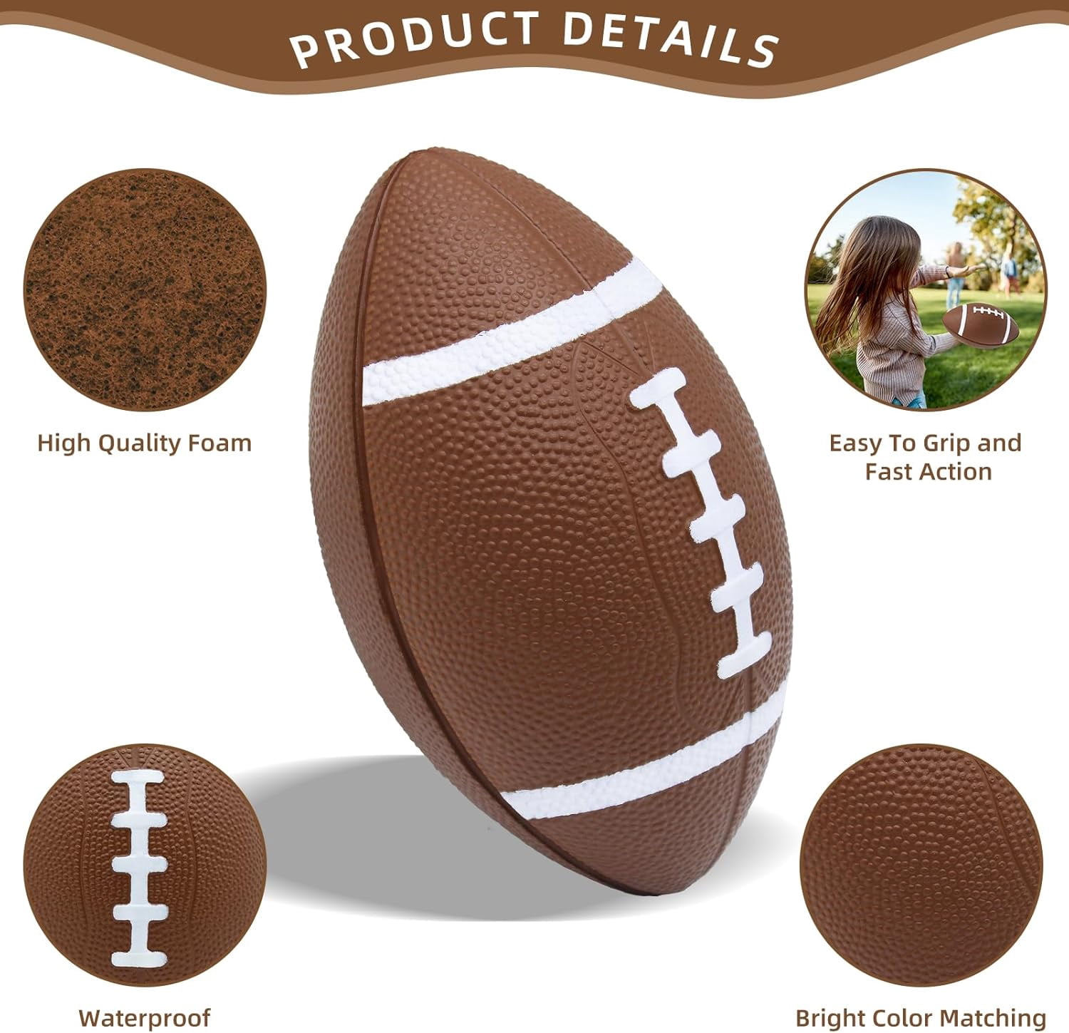 Magicorange 6 Pack Foam Football for Kids Youth Toddlers, 7" Soft Football for Indoor Outdoor Sports, Brown
