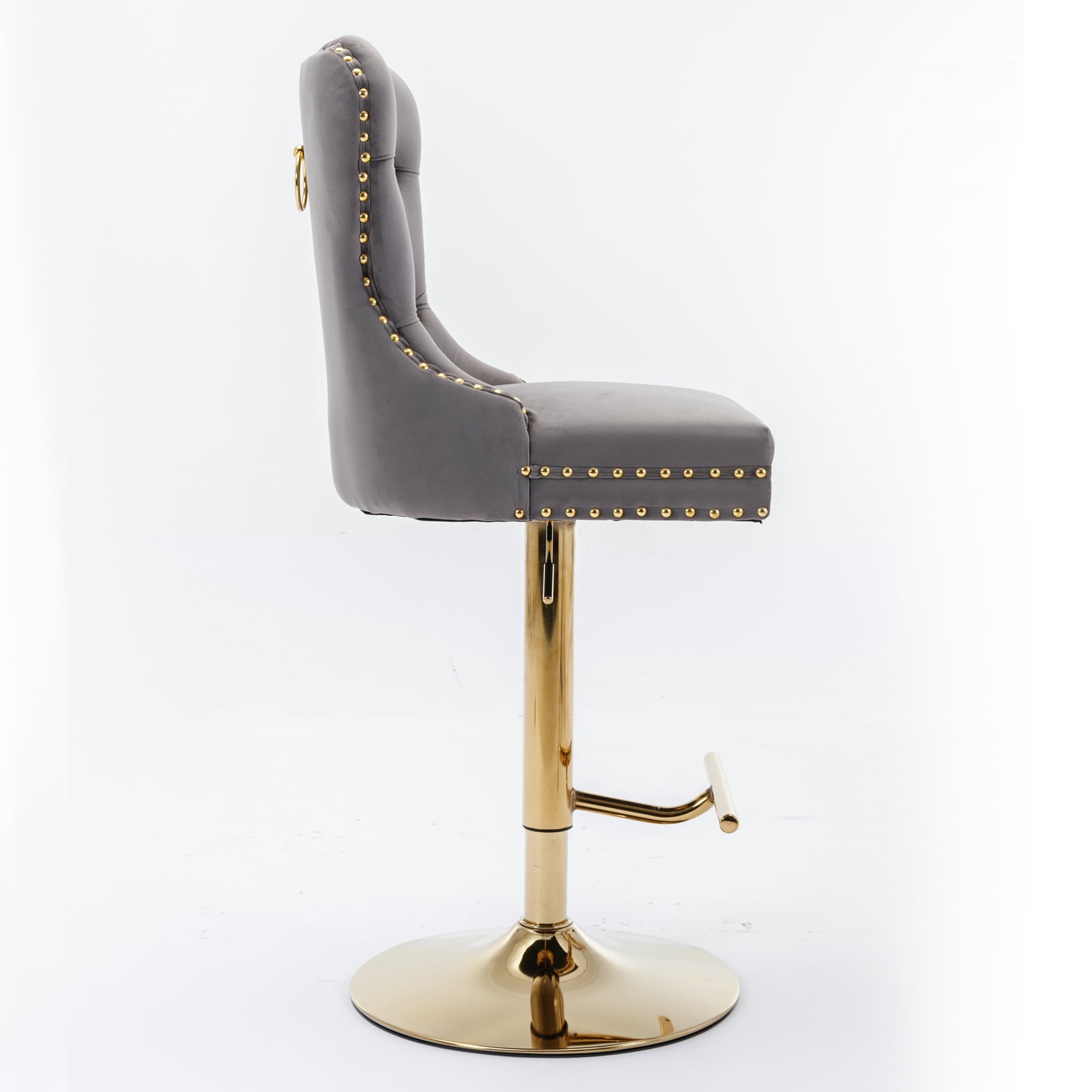 Yoneston Bar Stools Set of 2, Adjustable Height Bar Stools with Tufted Velvet Upholstery, Nailhead Trim & Gold Metal Base, Modern Counter Stools for Pub, Kitchen Island, Gray