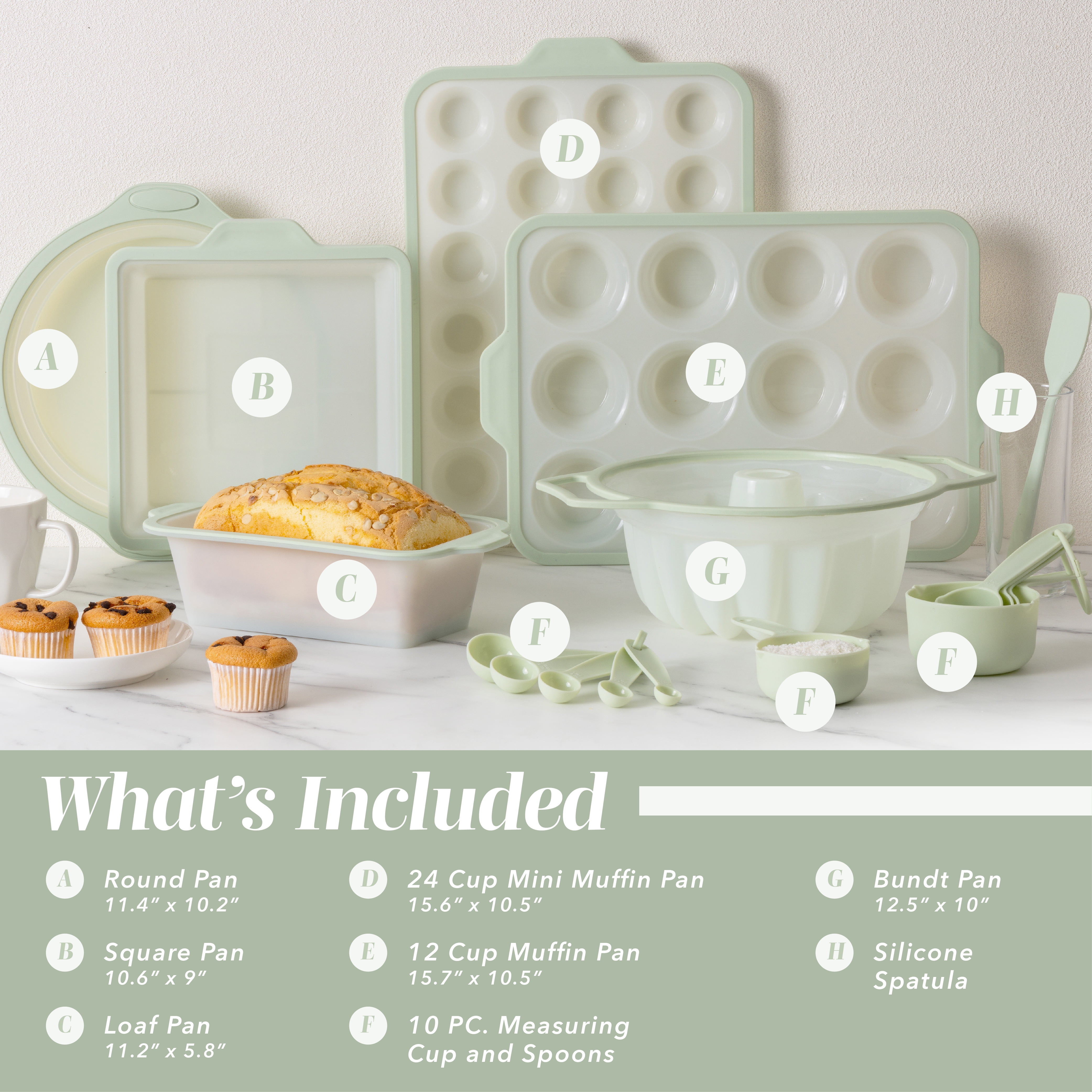 COOK WITH COLOR 17-Pc Silicone Baking Set, Non Stick Baking Pan Set with Sturdy Metal Frame, Sage