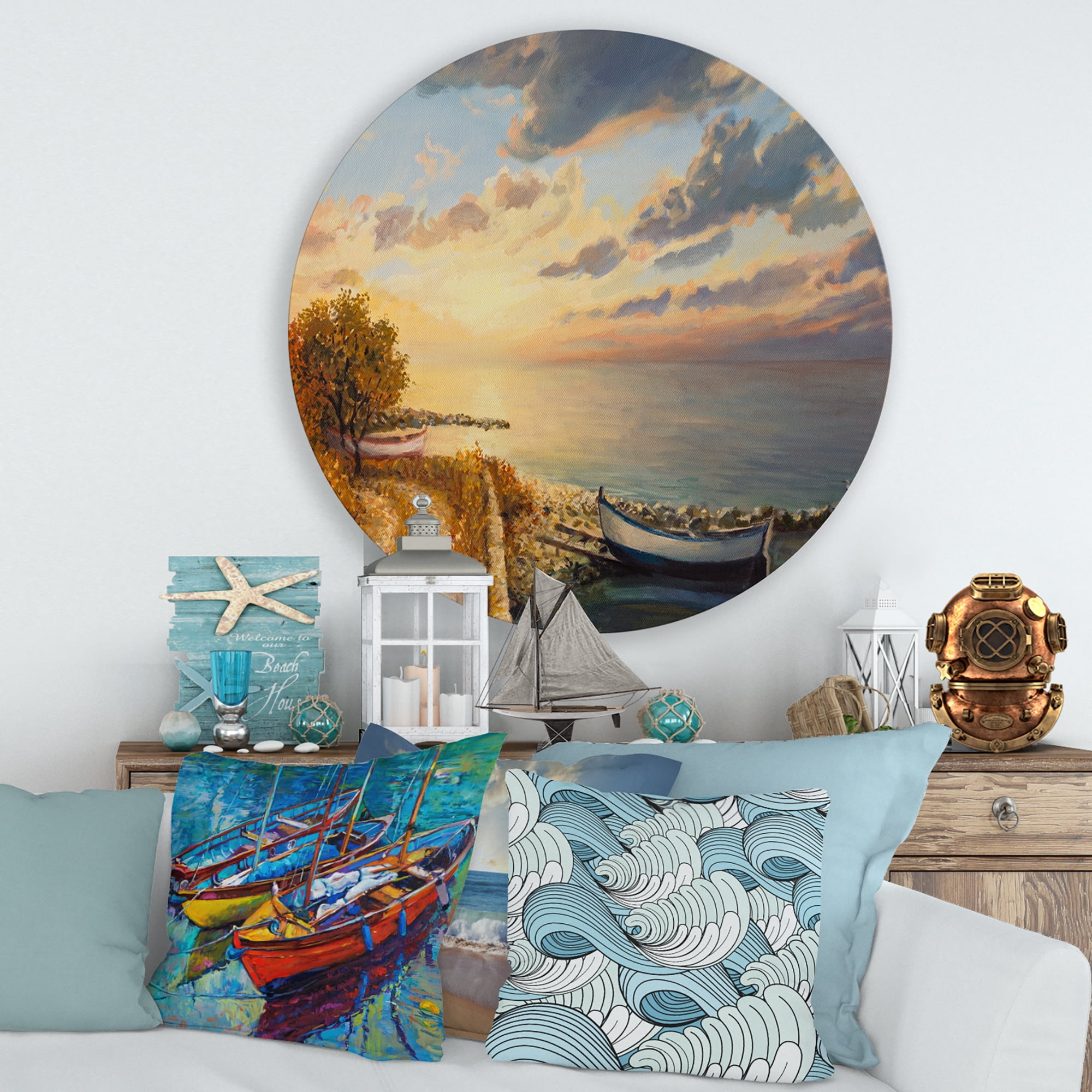 Designart 'Romantic Morning By The Sea' Nautical & Coastal Circle Metal Wall Art 29x29 - Disc of 29