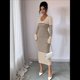 thumbnail image 5 of Vestido de Suéter A Rayas con Cuello en V para Mujer, Larga, Ajustado, Midi. Caqui L, 5 of 7