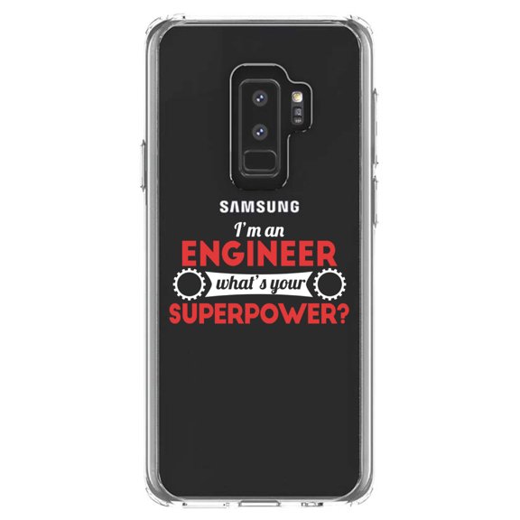 DistinctInk Clear Shockproof Hybrid Case for Samsung Galaxy S9  PLUS (6.2" Screen) - TPU Bumper Acrylic Back Tempered Glass Screen Protector - I'm an Engineer What's Your Superpower