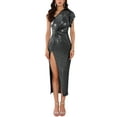 thumbnail image 2 of Vestido de cóctel maxi de una sola manga con brillo metálico y nudo en la cintura, abertura en el dobladillo, 2XL, negro, 2 of 6