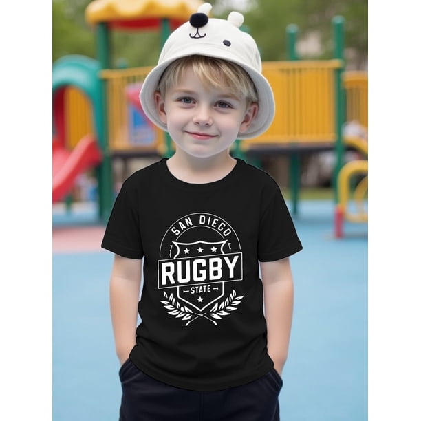 Rugby Graphic Cotton T-Shirt for Boys - White Short-Sleeve, Round Neck, Casual Summer Top with Playful Bear Hat Design, Versatile Little Boy Shirt, Casual Summer Wear | Comfortable Fit