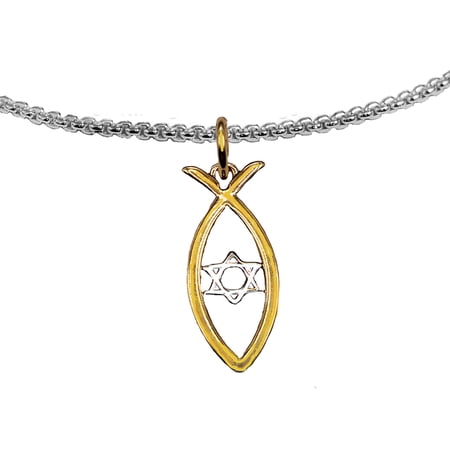 Messianic Christian Fish In 1KT Goldtone, Silver Star Of David Silver Box Chain Necklace. If you do not believe that this jewelry is beautiful when you receive it, simply return it for a full refund.
