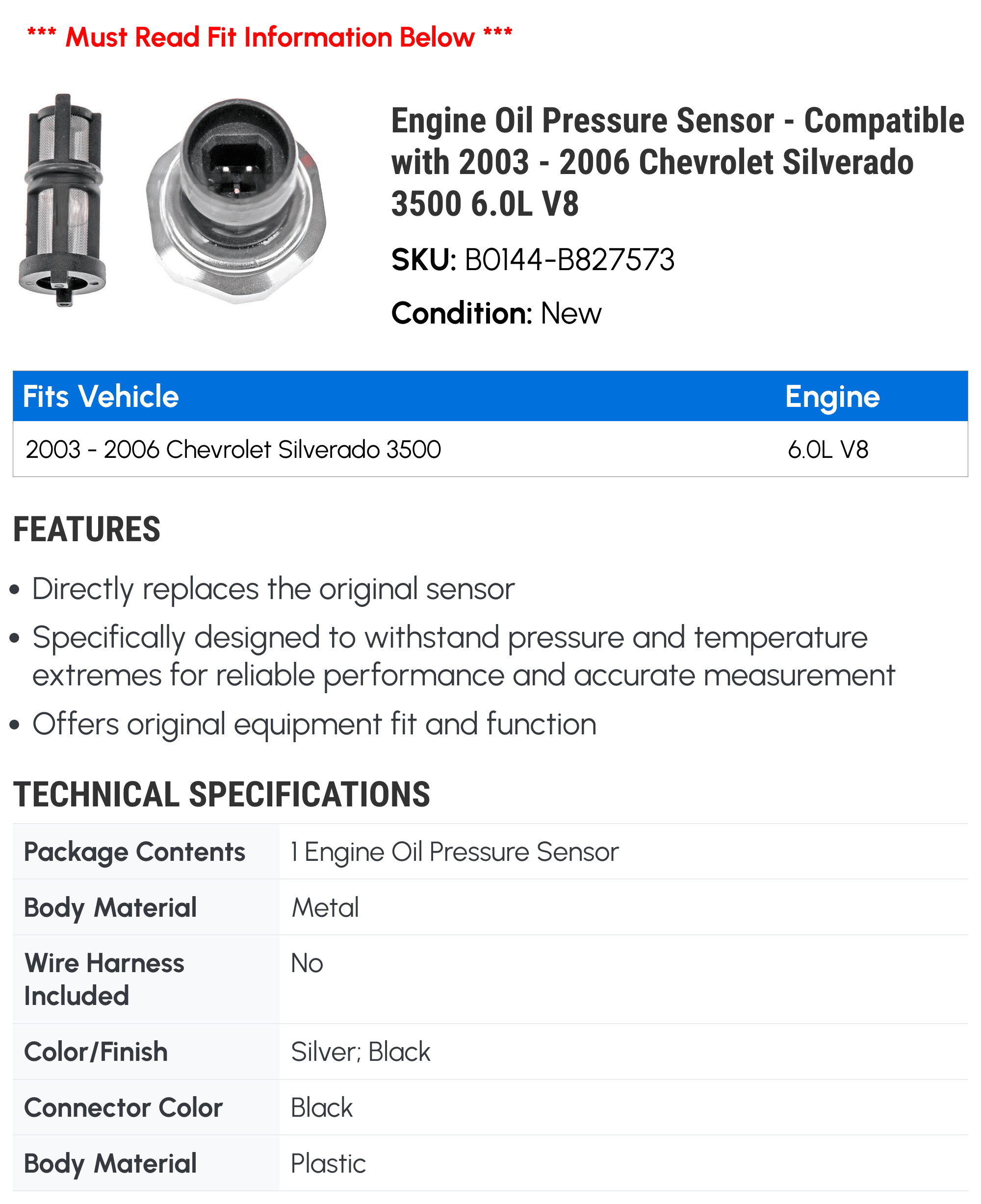 Engine Oil Pressure Sensor - Compatible with 2003 - 2006 Chevy Silverado 3500 6.0L V8 2004 2005