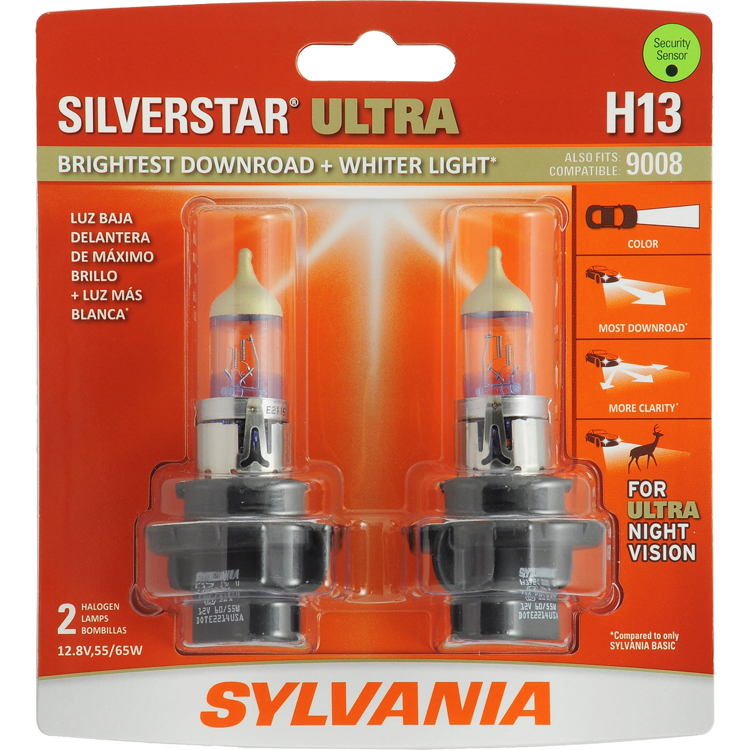 Sylvania H13 SilverStar Ultra Halogen Headlight Bulb, Pack of 2