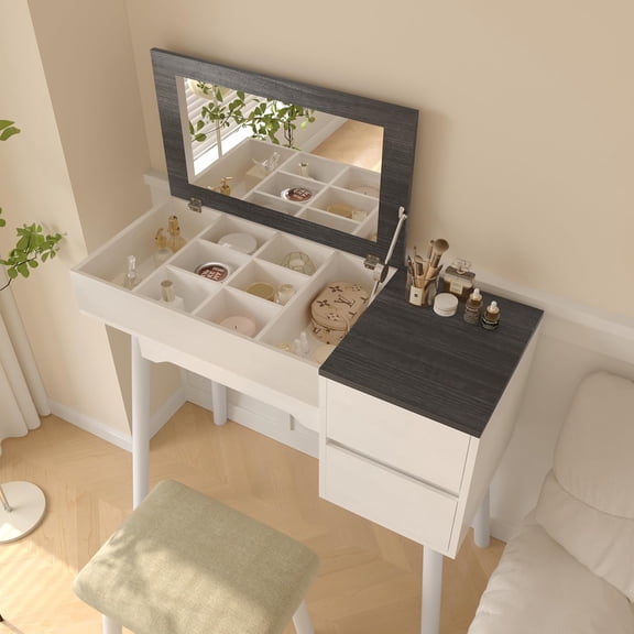 Usinso Vanity Desk with Flip Top Mirror, Makeup Vanity Table Set with Chair, Makeup Desk with 2 Drawers and 8 Storage Compartments, Dressing Table for Bedroom, White