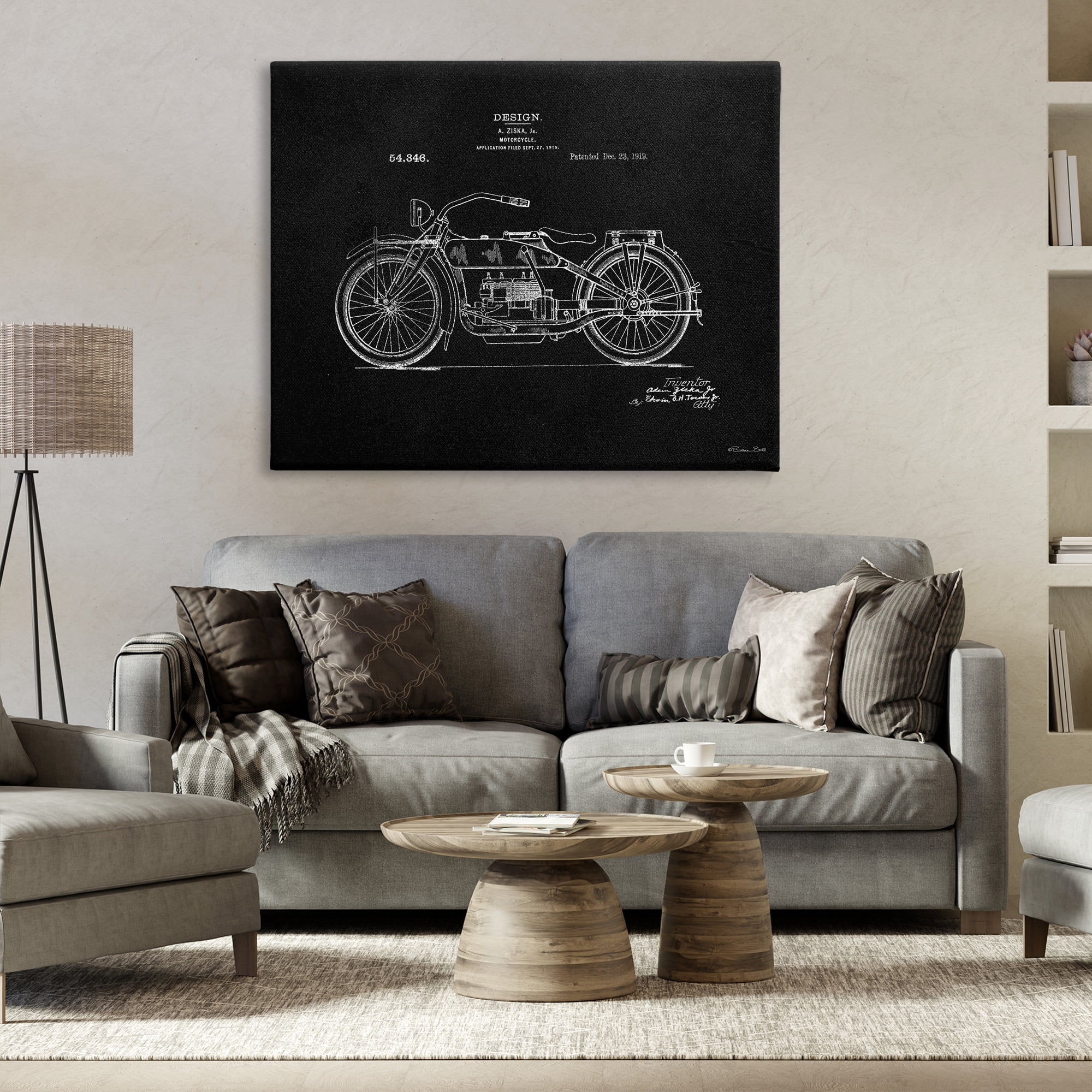 Stupell Industries Black Motorcycle Blueprint Transportation Painting Gallery Wrapped Canvas Art Print Wall Art, 48 x 36