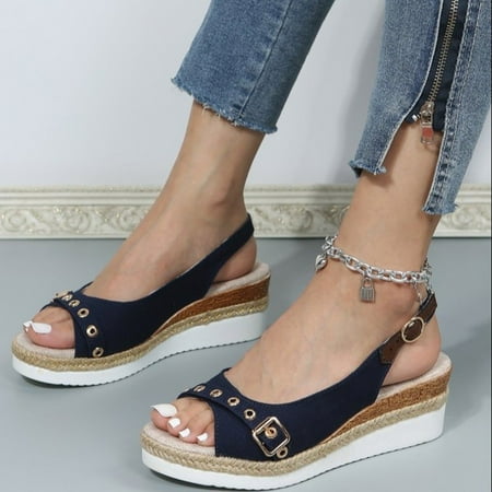 

Akiihool Dressy Sandals Women Wide Women s Wedge Sandals Ankle Strap Open Toe Summer Sandal Beach Bohemia Comfortable Platform Outdoor Flats Shoes (Blue 7.5)