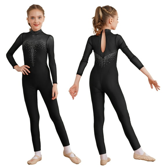 renvena Kids Girls Long Sleeve Gymnastic Leotard Figure Ice Skating Jumpsuit One Piece Dancewear Size 6-16 A Black 8