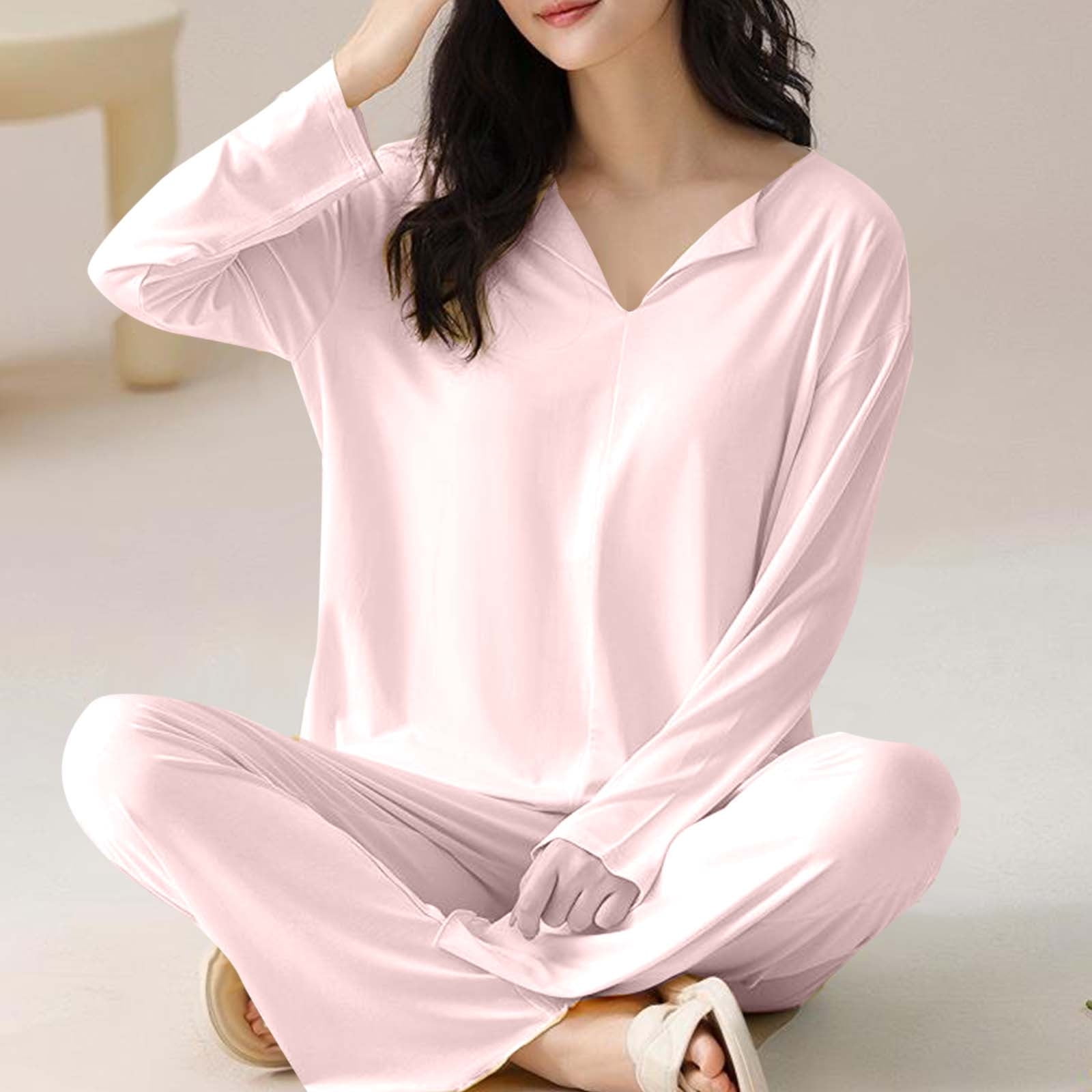 Oalirro Pajamas for Women Set 2 Piece Solid Color Soft Long Sleeve Pjs Pullover Top with Pants Breathable Loungewear Home Pajama Sets
