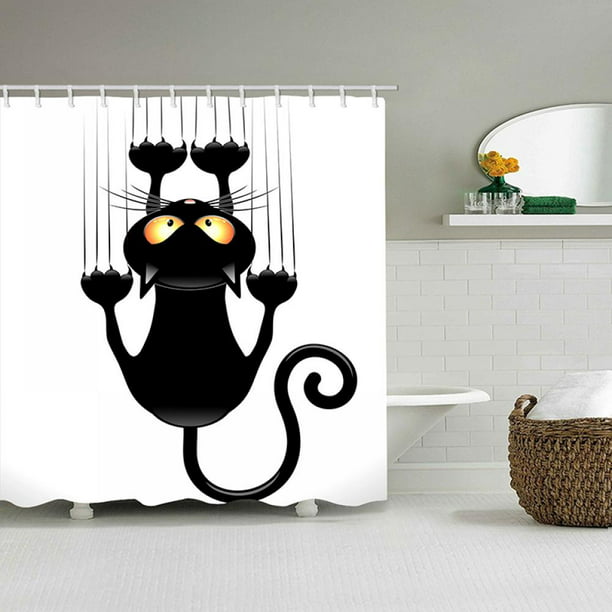 Linen Purity Waterproof Black Cat, Cat Shower Curtain Set