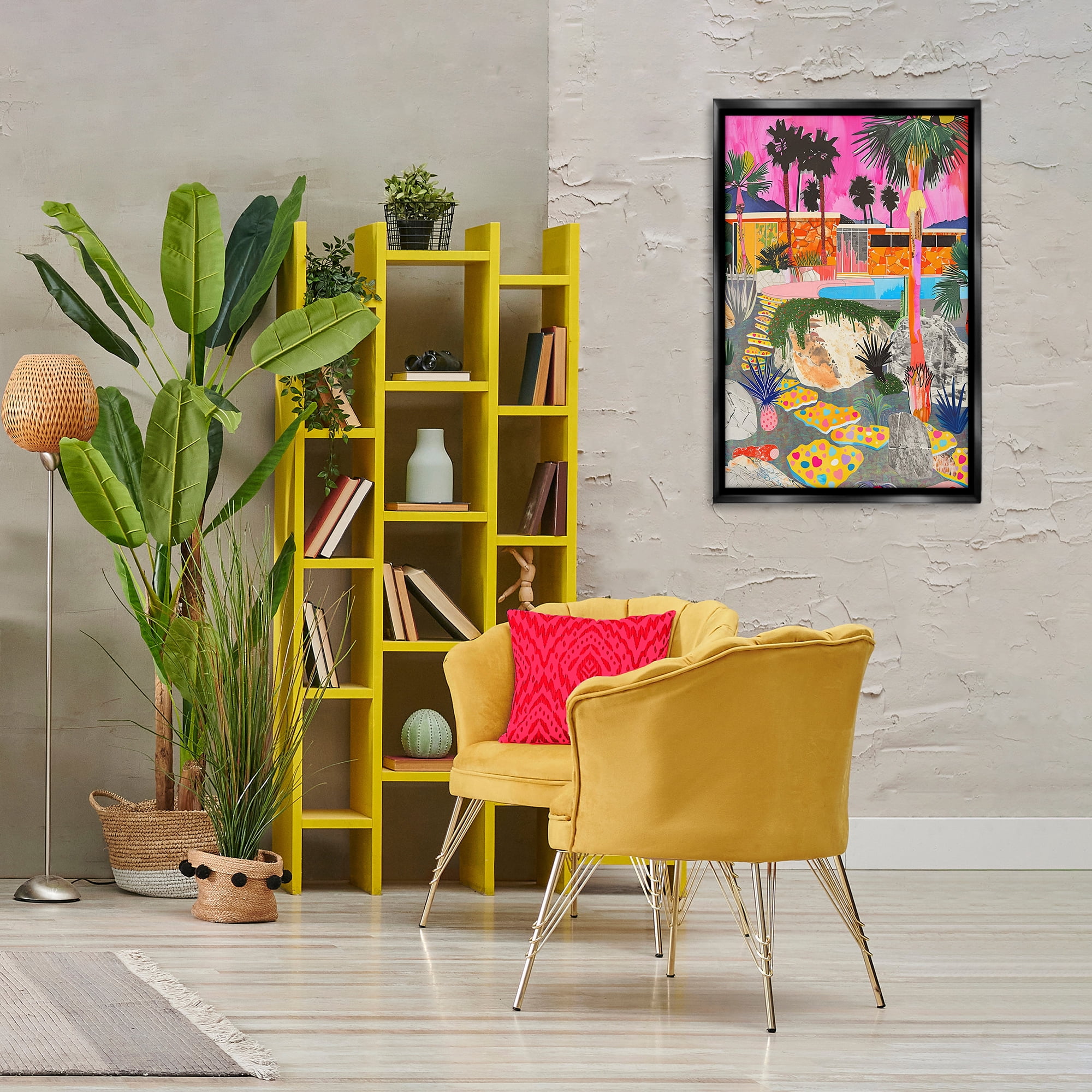 Stupell Industries Modern Tropical Villa Collage Abstract Painting Black Floater Framed Canvas Art Print Wall Art, 21 x 31