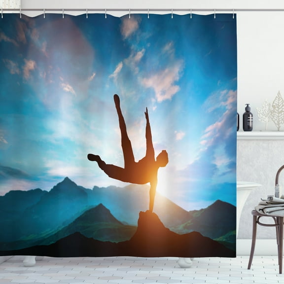 Mountain Shower Curtain, Man Jumping over Rocks Action Mountains Recreation Scenic Sunset Landscape Image, Fabric Bathroom Set with Hooks, 69W X 75L Inches Long, Multicolor, by Ambesonne