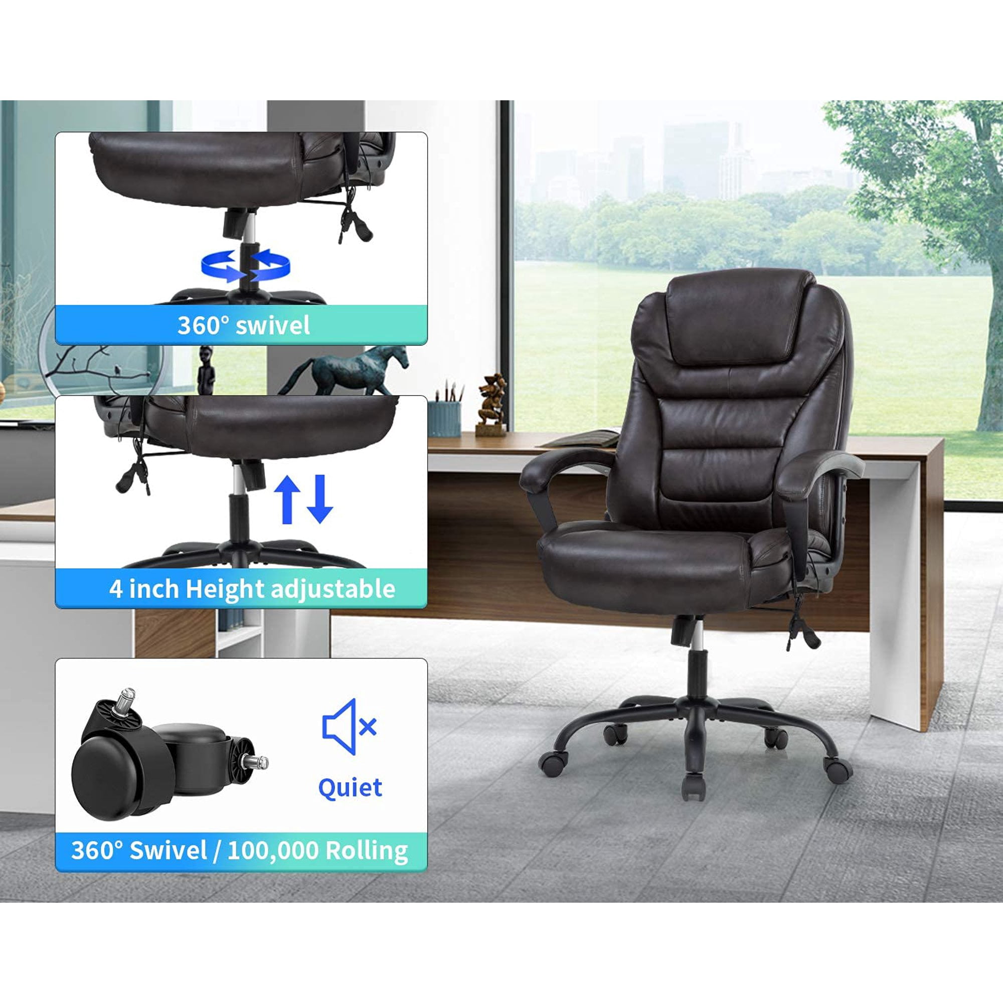 Big and Tall Executive Chair 500 Lbs Capacity PU Leather Boss Office Desk Chair Heavy Duty High Back Computer Chair Thick Sponge Office Chair with 360° Quiet Swivel Wheels, Brown