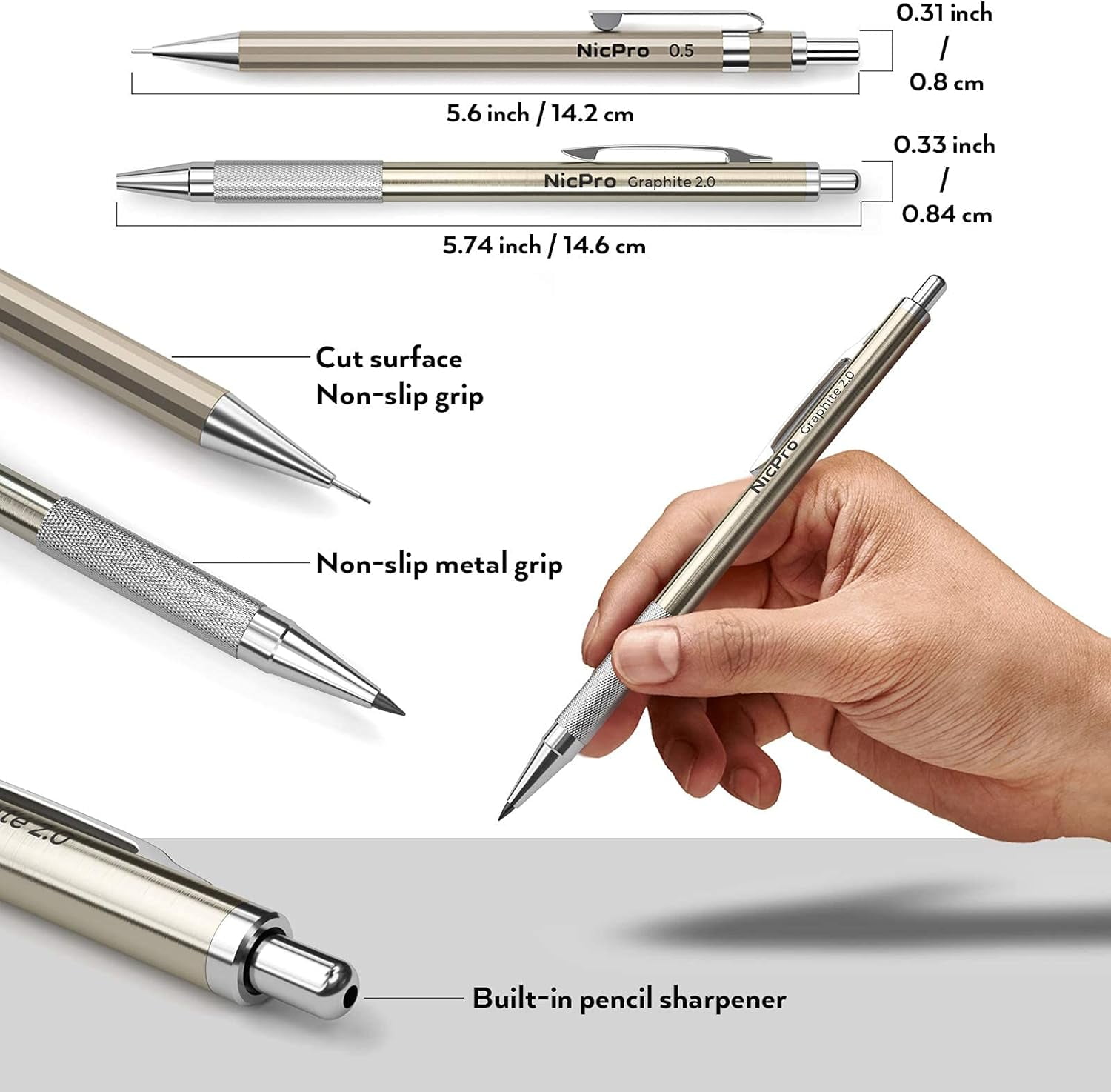 Nicpro 5Pcs Metal Mechanical Pencil Set in Leather Case, 0.3 & 0.5 & 0.7 & 0.9 mm & 2mm Lead Pencil Holders, (4B 2B HB 2H) Lead Refills (Black & Colors), Erasers