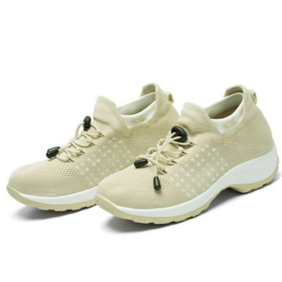 Bmisegm Chaussures Respirantes en Maille Volante à Haute Élasticité Grande Taille pour Femmes, Chaussures Tendance Légères Type Chaussettes à Bordure, Chaussures Légères pour Femmes, Chaussures Décontractées, Chaussures Décontractées pour Femmes Beige 44