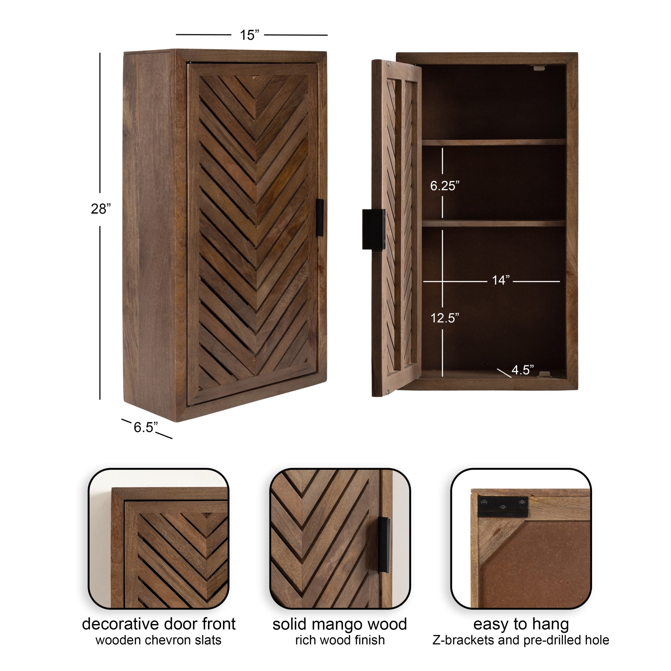 Kate and Laurel Mezzeta Decorative Modern One-Door Floating Bathroom Cabinet, 15 x 7 x 28, Brown, Decorative Over Toilet Storage Cabinet Made from Solid Mango Wood with Slatted Chevron Design